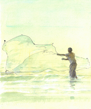 Lone Fisherman 2, 2015 (pen & ink with watercolour on paper)