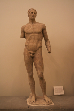 Statue of Aghias, Son of Aknonios (5th Century BC), Delphi Museum, Delphi (??????),  Peloponnese, Greece (photo)