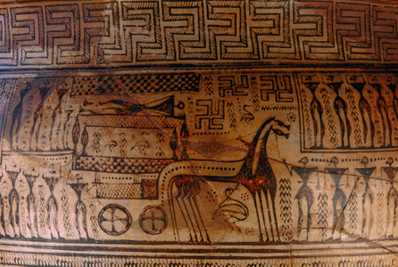 Greek 8th century B.C. funeral vessel. National Archaeological Museum, Athens, Greece., 1990s (photo)