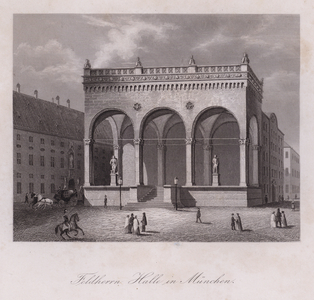 The Feldherrnhalle monument in Munich, Germany (engraving)