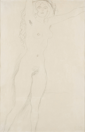 Standing female nude with long hair and outstretched arms, c.1917-18 (pencil on paper)