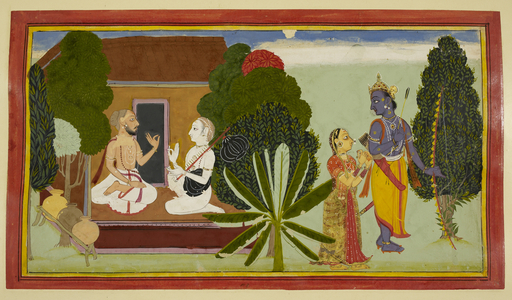 Valmiki and Narada converse left, with Rama and Sita on the right, 1653 (miniature)