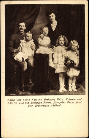 Ak Emperor and King Charles I with Archduke Felix, Empress Zita, Children (b/w photo)