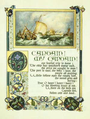Opening page of Walt Whitman's poem 'O Captain! My Captain!' with a vignette of a harbour scene, 1928 (illuminated manuscript on vellum, watercolour)