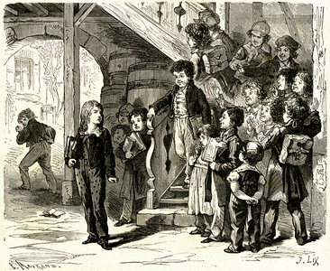 Young Dumas leaving school after a fight, 1899 (print)