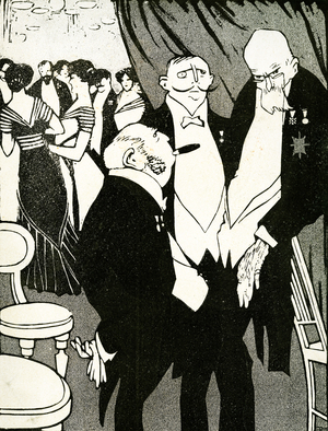 Russian envoy debates the defending Turkey with other leaders during a conference,  1908. (litho).