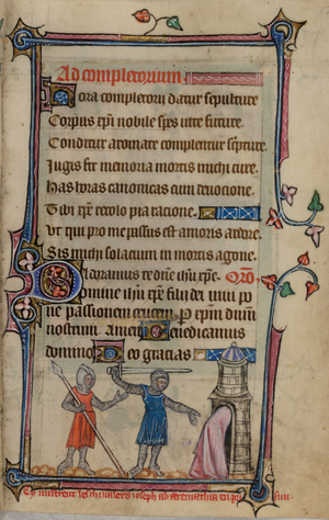 Bas-de-page scene of soldiers putting Joseph of Arimathea in prison