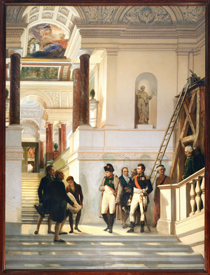 Napoleon I visits the staircase of the Louvre, accompanied by architects Percier and Fontaine …