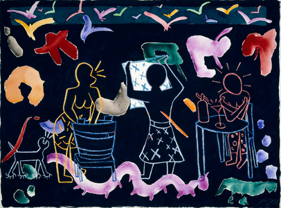 Three Women by Erik Slutsky, watercolor, gouache and pastel, 1983, 20th century