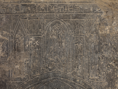 Cathedral collection. Stone plate. Bas-relief. Fragment. A church official. Origin church (Saint-Quentin of Tournai. End 13th century. Detail.
