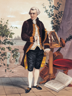Franz Joseph Haydn standing with music stand and cello behind him, wearing Esterhazy livery (litho)