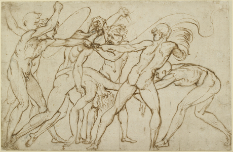 Seven nude warriors fighting for a standard, WA1846.178 (pen & brown ink over black chalk, the outlines pricked for transfer)
