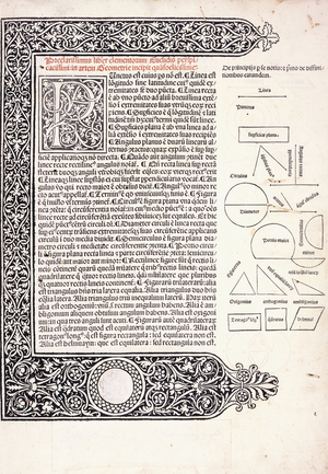A page from Euclid's 'Elementa Geometrica' translated into Latin, 1482 (printed page in black and red, woodcut)