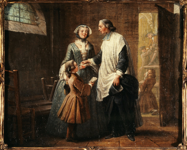 L'Abbé de Catéchisme receiving a child brought by his sister, ca. 1750 (oil on canvas)