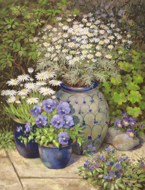 Selection of Garden Pots with Violets and Daisies, c.1990 (painting)