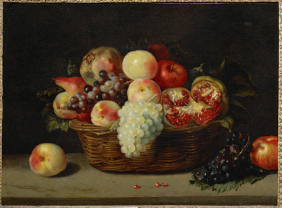 Panier de grenade, peches et raisins - A basket with pomegranate, peaches and grapes …