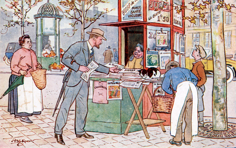 Le kiosque (the newspaper stand) (colour litho)