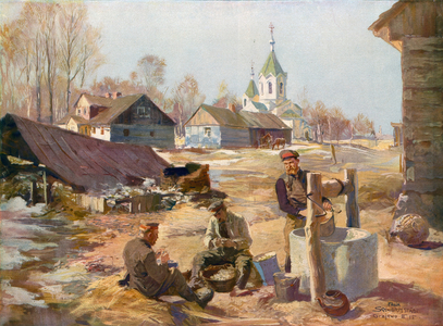 Peaceful work behind the front in Russian Poland (colour litho)