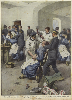 British suffragettes being force-fed in prisons (colour litho)