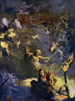 Norway: Sledging by Torchlight (colour litho)