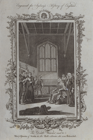 The Death Warrant read to Mary Queen of Scots in the Hall wherein she was Beheaded (engraving)