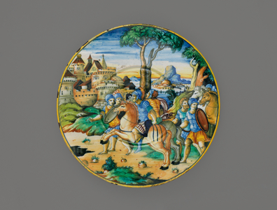 Plate, Brutus marching to deliver Rome, c.1550-1575 (tin-glazed earthenware)