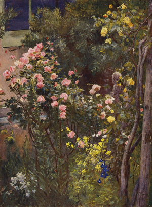 In a rose garden, Catherine Mermet and Marechal Niel at home (colour litho)