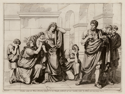 Coriolanus, exiled from Rome, leaves his family and plots his revenge (etching)