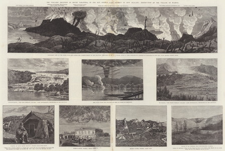 The Volcanic Eruption of Mount Tarawera, in the Hot Springs Lake District of New Zealand, Destruction of the Village of Wairoa (engraving)