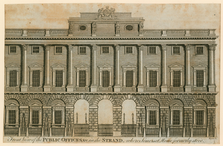Front view of the Public Offices in the Strand where Somerset House formerly stood (engraving)