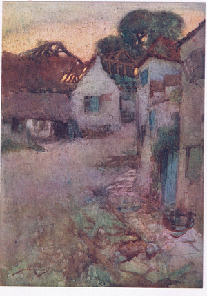 Sunk are thy bowers, in shapeless ruin all, and the long grass o'ertops the mouldering wall  (colour litho)