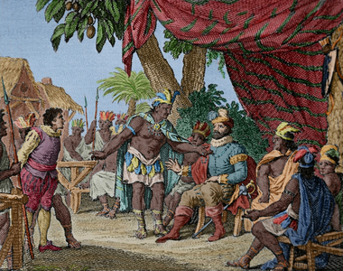 Canada. 17th century. Congress of Peace between Indian nations (coloured engraving)