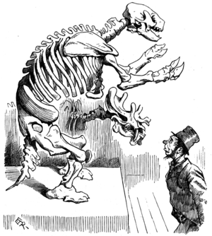 A dishevelled man looking at the skeleton of a dinosaur, 1850