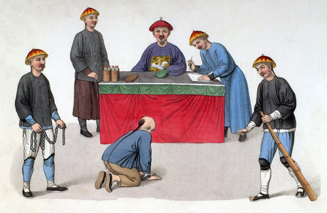 China: 'A Culprit Before a Magistrate', from The Punishments of China, George Henry Mason, 1804