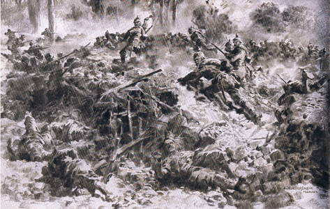 The Wuenttemberg King Grenadiers breaking through enemy placements in the Argonnes, from The Illustrated History of the World War 1914-1915 pub. by Union Berlagsefellfchaft, 1922 Vol. 3 (litho)