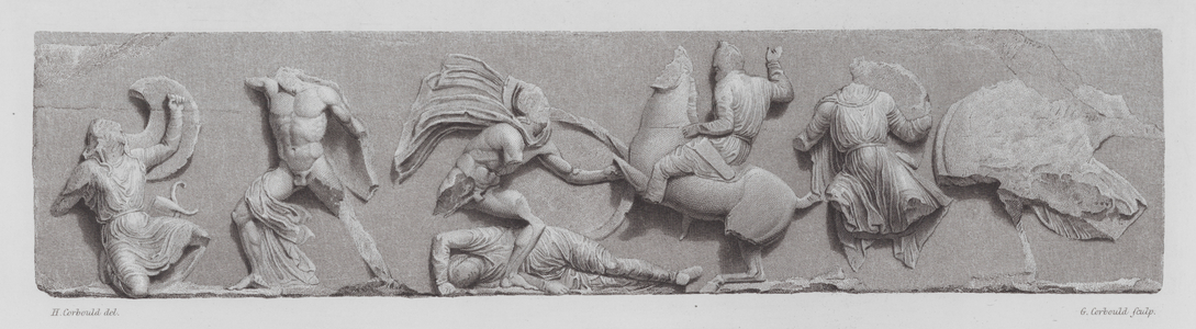 Battle between Greeks and Persians, ancient Greek marble frieze from the Temple of Athena Nike, Athens (engraving)