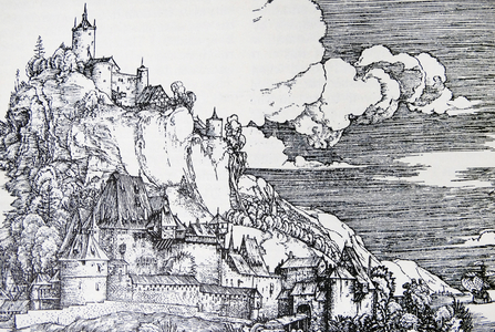 Illustration after Albrecht Durer copperplate engraving (1502) of Castel Segonzano