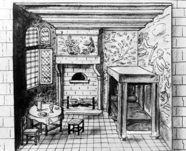 The house of French writer Francois Rabelais (1494-1553) in Chinon, France : interior View of the bedroom (and study) of Rabelais, drawing