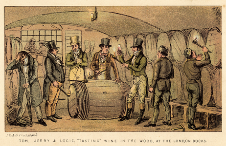Tom, Jerrry and Logic, tasting wine in the wood, at the London Docks (colour litho)