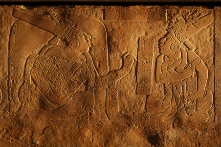 Temple 19 throne bench, Palenque, Mexico, carving of Akhal Mo Nab, 2005 (photo)