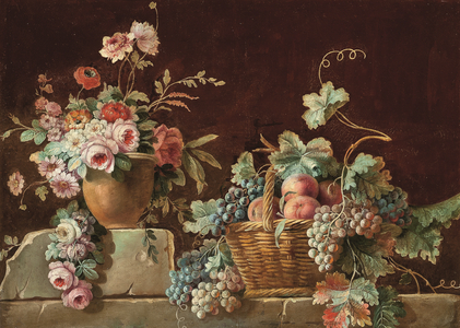 Peonies and chrysanthemums in a stone vase, with peaches and grapes in a wicker basket on a stone ledge (oil on canvas)