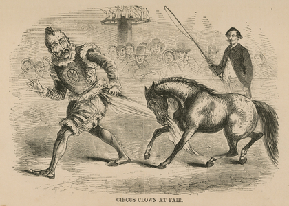 Circus clown at fair (engraving)
