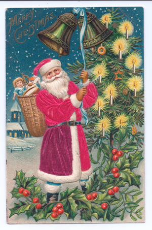 Edwardian postcard of Father Christmas with a basket of toys on his back ringing a bell, c.1910 (colour litho)
