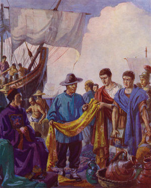 Roman merchants in China (colour litho)