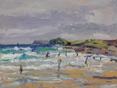 Surfers, overcast Harlyn Bay, 2015 (oil on board)