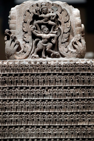 Asian Civilisations Museum, Angkor, Exploring Cambodia's sacred city,  Vishnu votive stele, On each side 255 small images of the four-armed Vishnu, Cambodia, 10th century, Sandstone, Singapore,  2018 (photo)