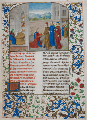 The author in his study; presentation of the book to a patron.