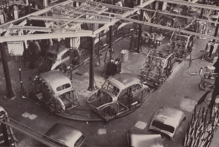 An outer-body sub-assembly track at one of the Nuffield car factories (b/w photo)