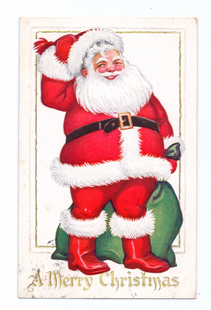 Edwardian Christmas postcard of a smiling Father Christmas holding a sack, c.1910 (colour litho)