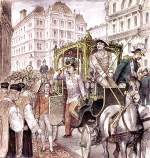 Franz Joseph 1st emperor of Austria arriving at St Stephan church june 1897, illustration from paper